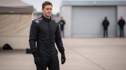 Racing driver wearing the OMP Sport FIA 8856-2018 race suit in a club race meeting paddock