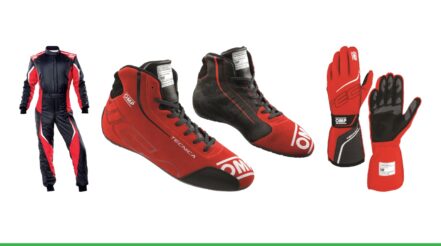 The OMP Tecnica Evo race suit, Tecnica race boots and Tecnica race gloves in Black & Red
