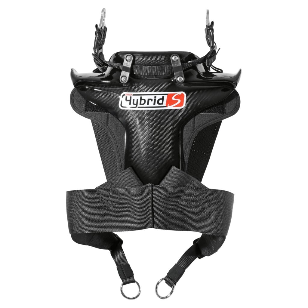 Simpson Hybrid S head and neck restraint with standard post clip tethers, carbon shell and torso straps