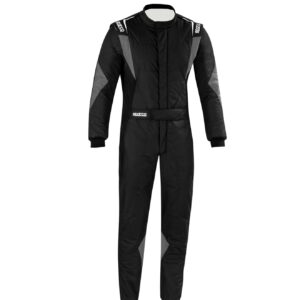Sparco Superleggera race suit in black and grey, front view