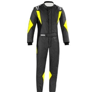 Sparco Superleggera race suit in grey and fluorescent yellow, front view