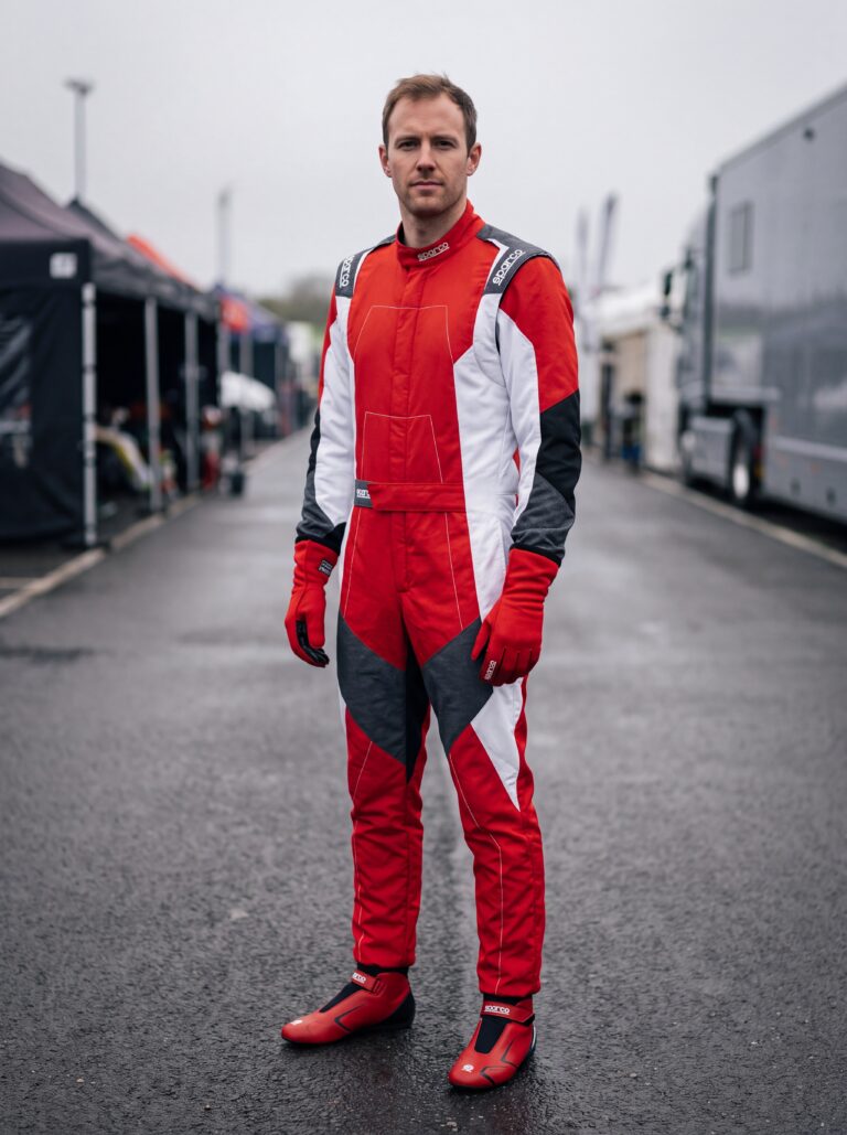 Sparco X-Light Full Efficiency suit, X-Light Plus boots and Tide+ gloves in Red and White colourway, circuit paddock
