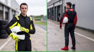 A driver in a Sparco Sprint Advanced race suit beside the same driver in an OMP Tecnica Evo race suit in a circuit pit lane