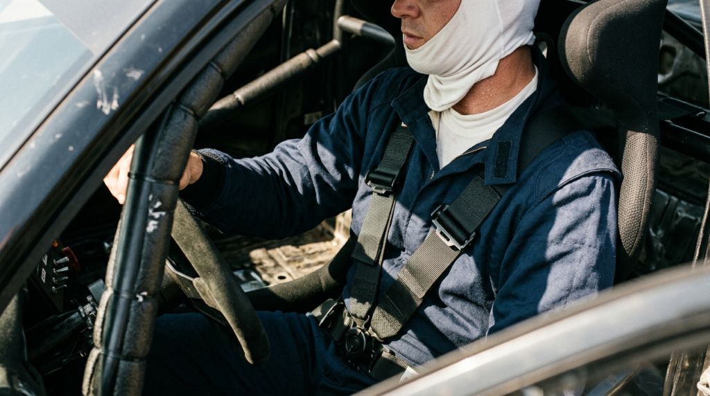 Driver harnessed into a race seat wearing a fireproof base layer and balaclava under the race suit