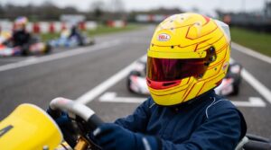 Junior driver wearing a Bell KC7-CMR Lewis Hamilton 2026 kart helmet on the grid - GSM Performance