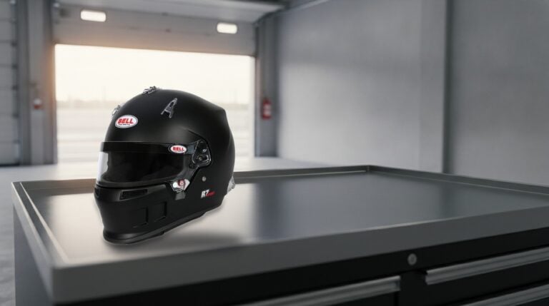 Bell R7 sport helmet in the pit garage