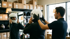 Customer having a plain white full face helmet fitted in a shop, checking the fit in a mirror