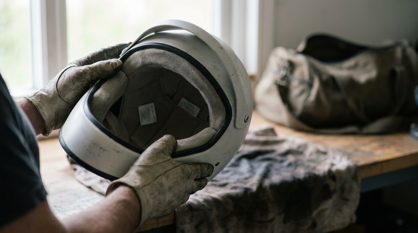Hands tilting an open face helmet on a workbench to read the certification label inside the shell