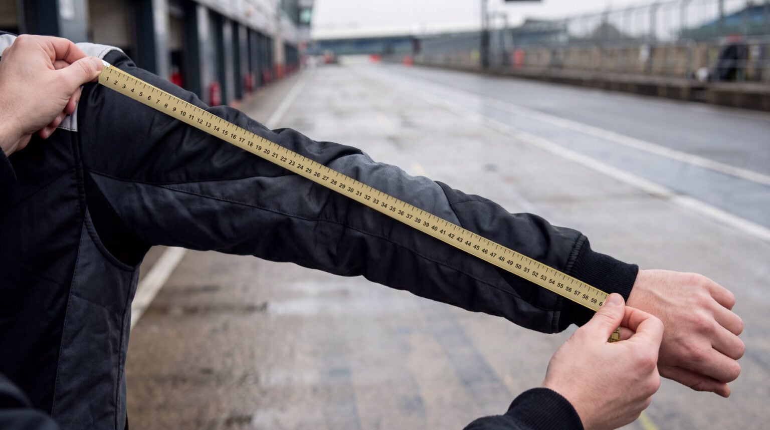 A race suit sleeve being measured with a tape measure from shoulder to wrist