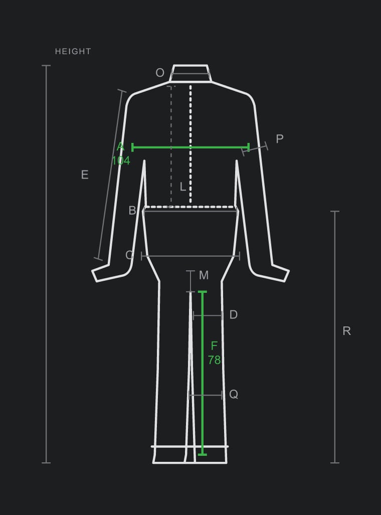 The configurator measurement diagram, a race suit with lettered dimension lines, chest and inside leg highlighted in green