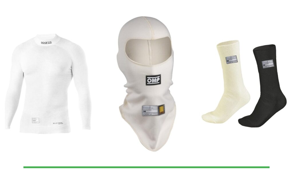 FIA 8856-2018 fireproof underwear set with a Sparco long sleeve base layer top, an OMP balaclava and OMP Nomex socks