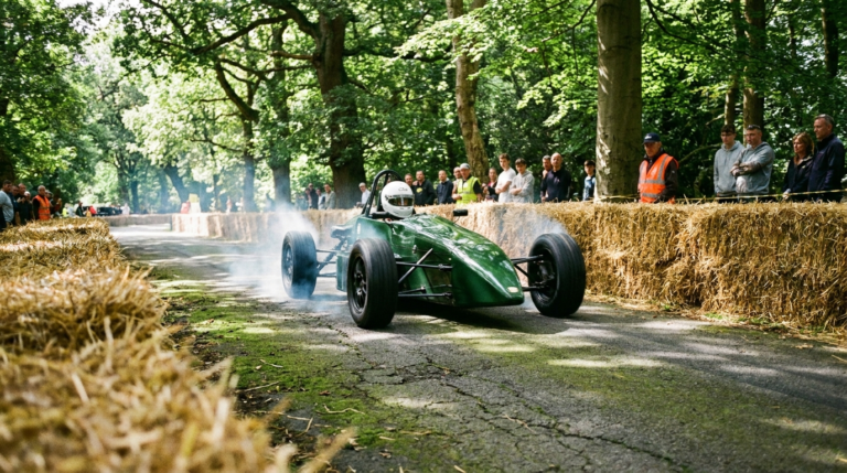 Single seater climbing a tree lined hillclimb course