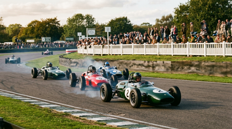 Historic single seaters racing past a period crowd