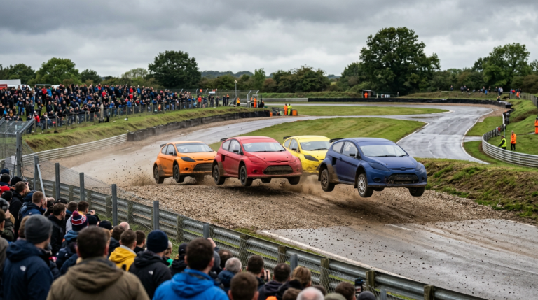 Rallycross cars jumping a crest in close company