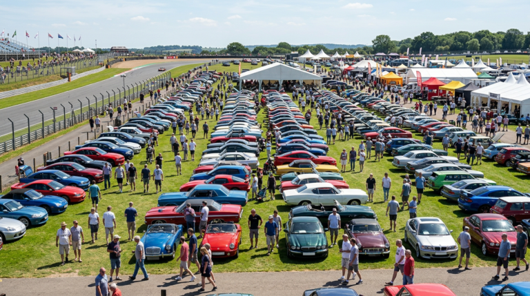 Rows of show cars and crowds at a circuit car show