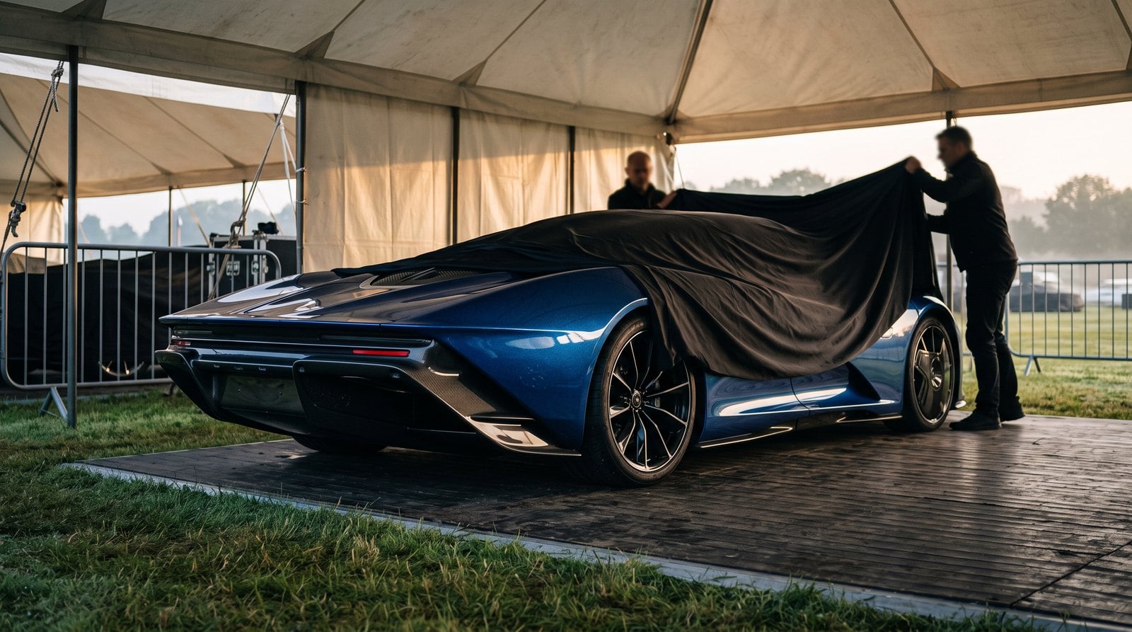 Blue hypercar being uncovered under a concours marquee at dawn