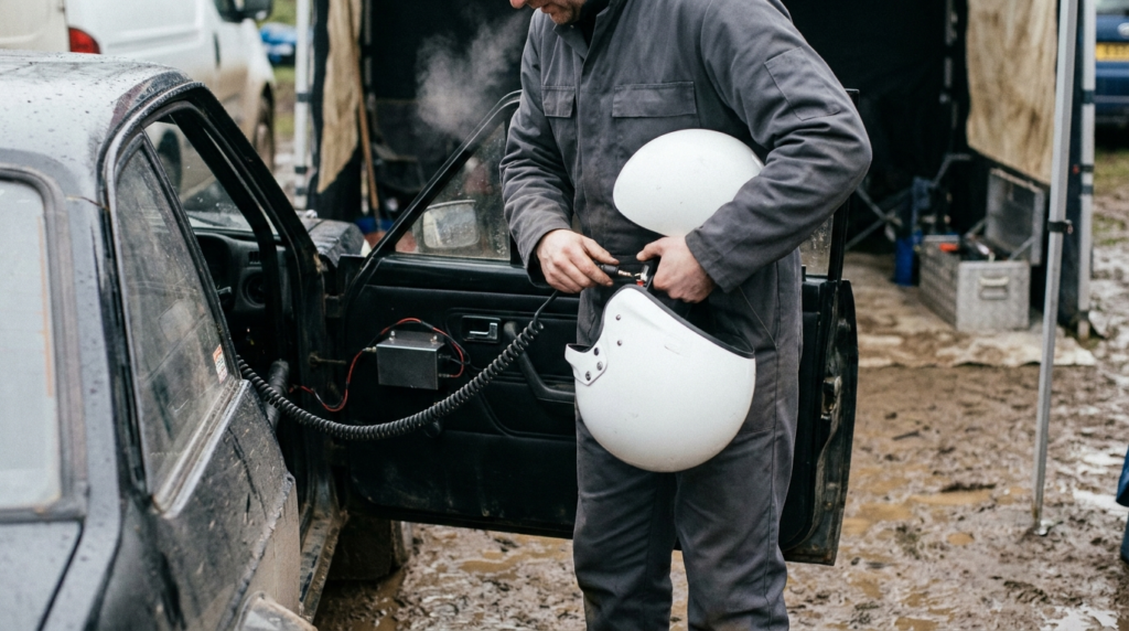 Co-driver at a muddy rally service area connecting a coiled intercom lead to a plain white open face helmet