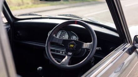 Classic Rover Mini interior with OMP steering wheel and boss kit, right-hand drive
