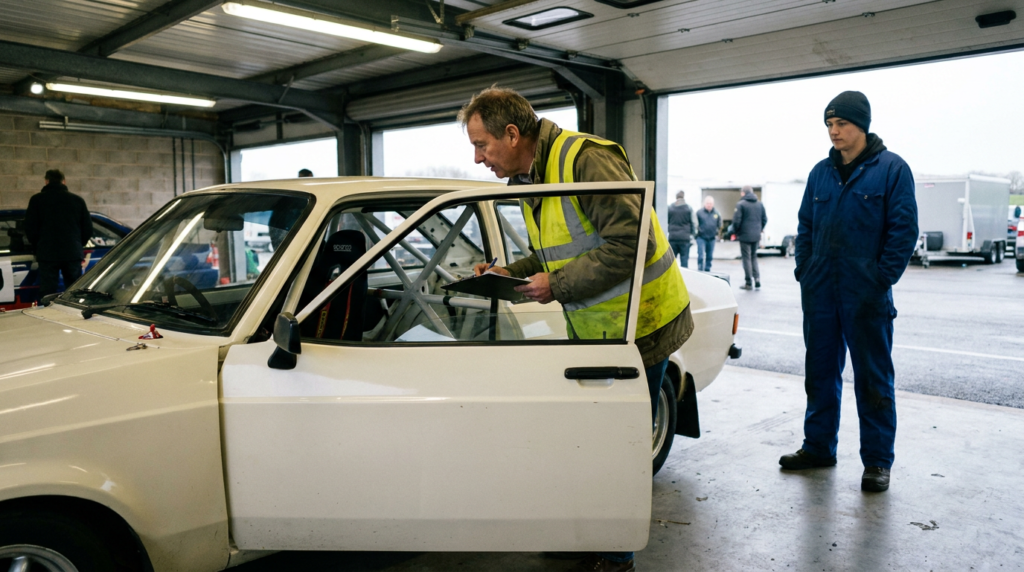 Scrutineer with a clipboard checking the interior of a competition saloon car in a paddock garage