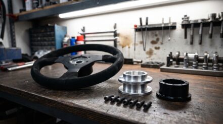 A three spoke motorsport steering wheel, an aluminium boss kit and a black spacer ring laid out on a workshop bench