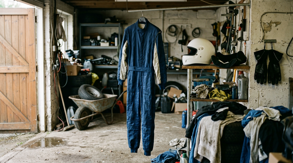 Race suit hanging to dry in a domestic garage with a plain white helmet and its liner out on a shelf beside it
