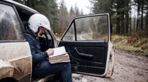 A rally co-driver in a plain white open face helmet with a boom microphone reads pace notes in the passenger seat of a muddy rally car
