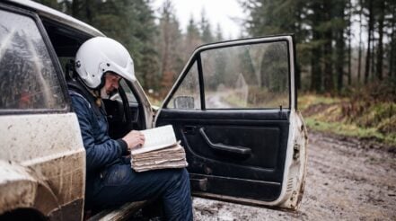 A rally co-driver in a plain white open face helmet with a boom microphone reads pace notes in the passenger seat of a muddy rally car