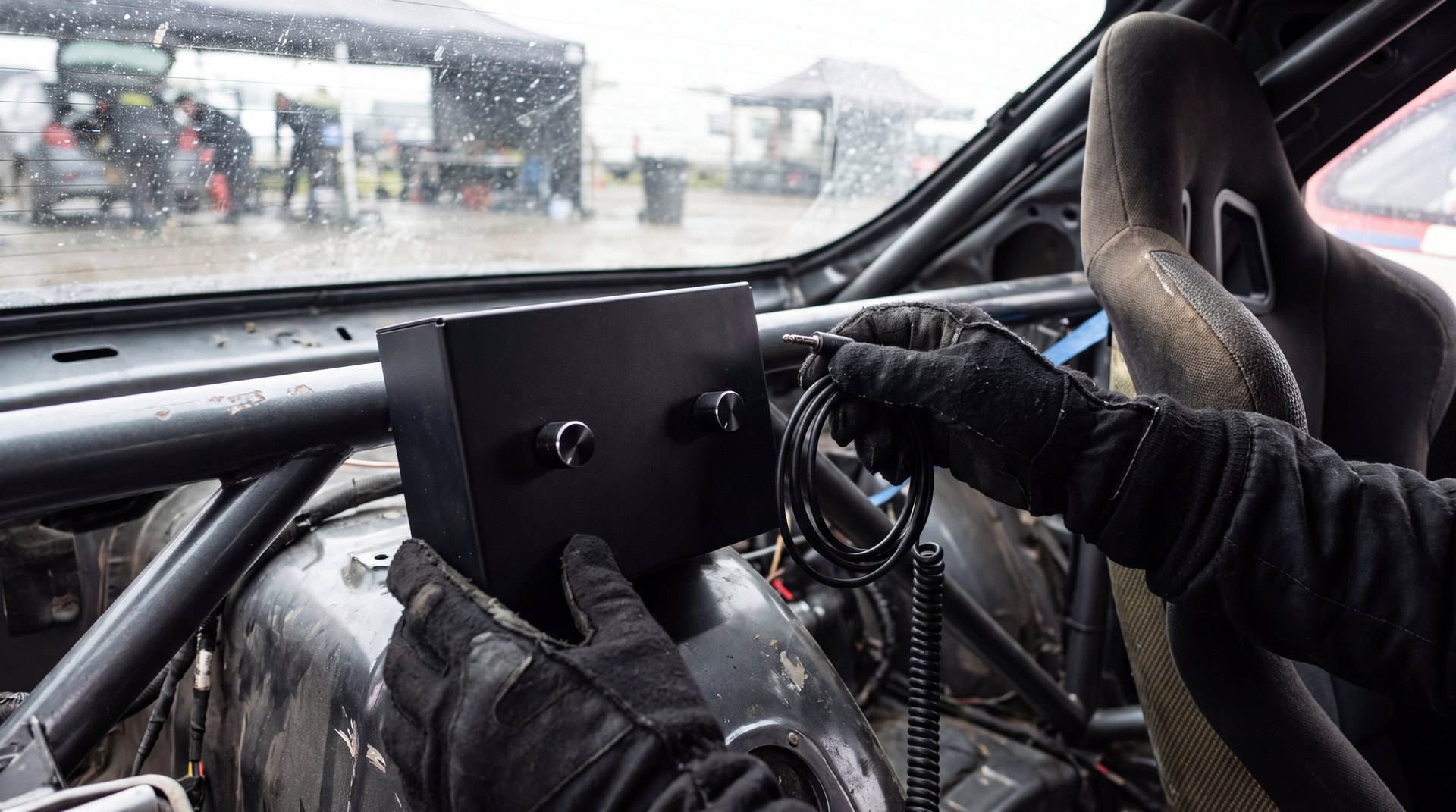 Gloved hands plug a coiled intercom lead into a plain amplifier box inside a stripped rally car