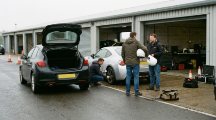 Road cars in a British track day pit lane with drivers in everyday clothes holding plain white helmets