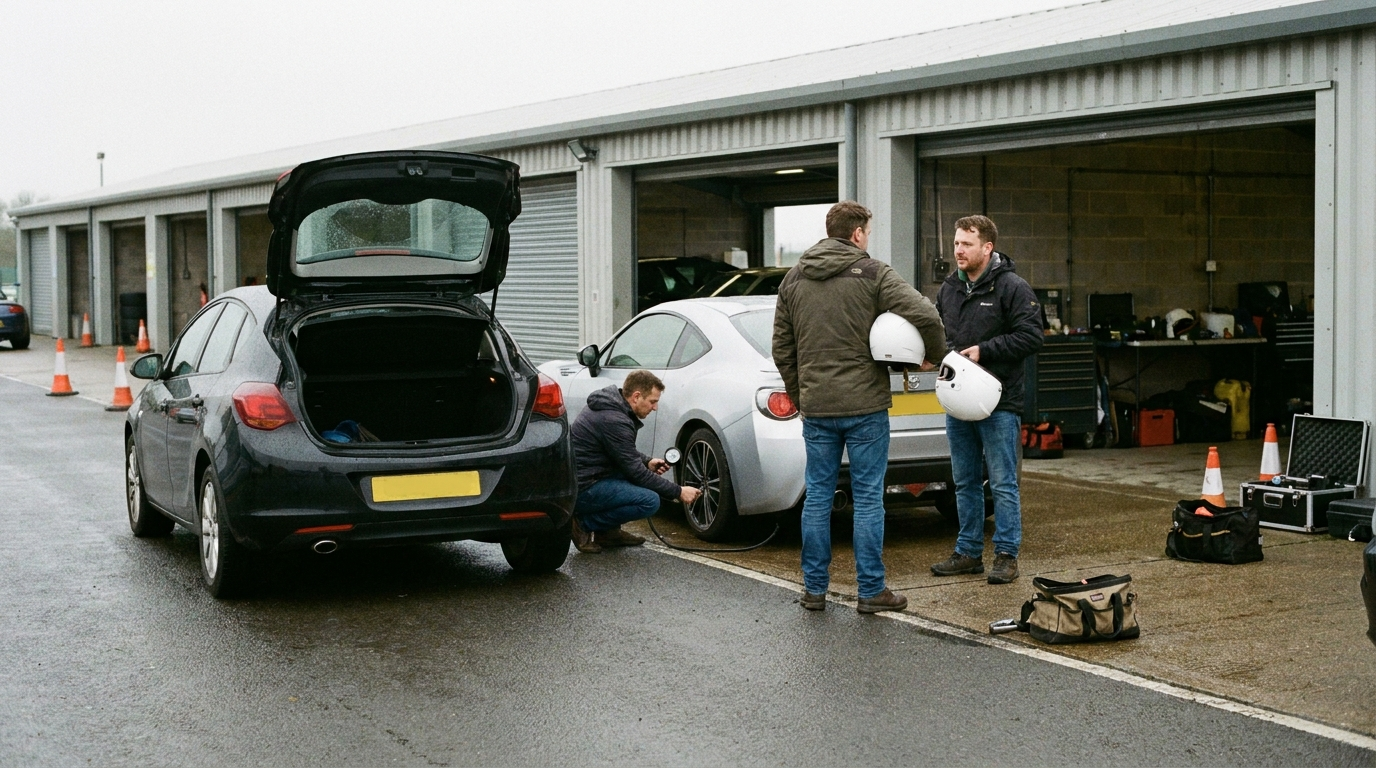 Road cars in a British track day pit lane with drivers in everyday clothes holding plain white helmets