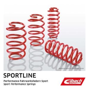 Four red Eibach Sportline lowering springs - representative manufacturer image; application-specific spring shapes may differ