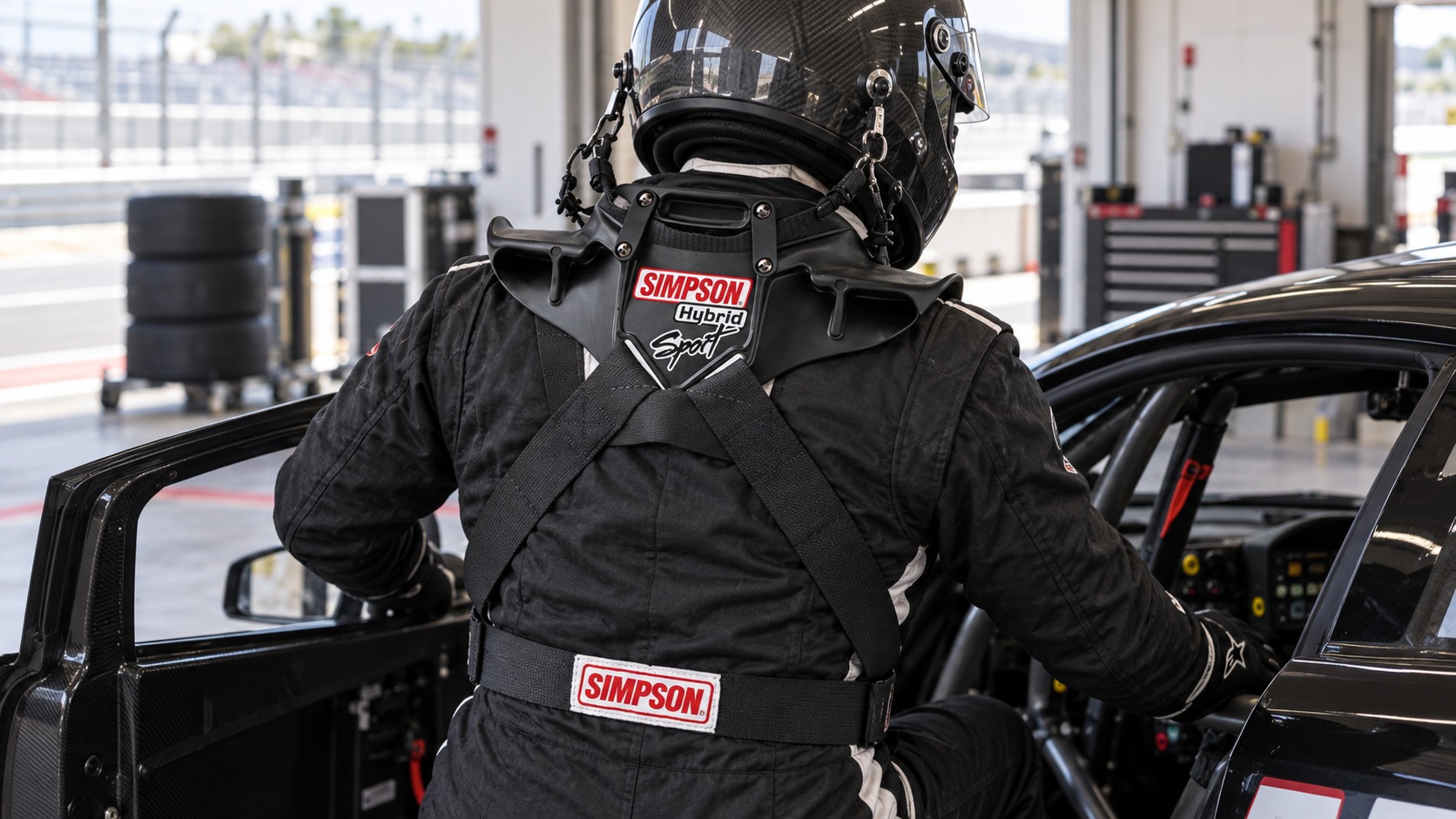 Helmeted racing driver wearing a Simpson Hybrid Sport head and neck restraint beside a race car