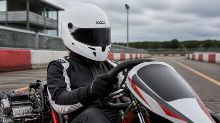 Kart driver seated on circuit wearing a white Sparco Stealth CMR competition kart helmet