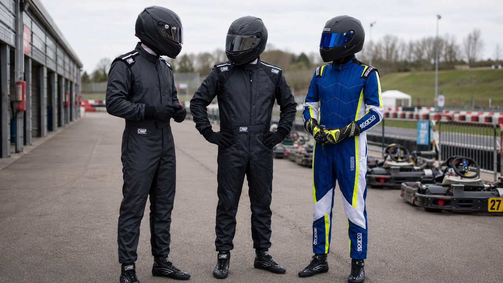 Three helmeted kart drivers talking in an outdoor pit lane wearing OMP Summer-K, OMP KS-3X and Sparco Kerb Advanced kart suits