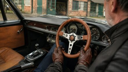 MOMO Prototipo Heritage Tobacco steering wheel fitted in a right-hand-drive classic sports car