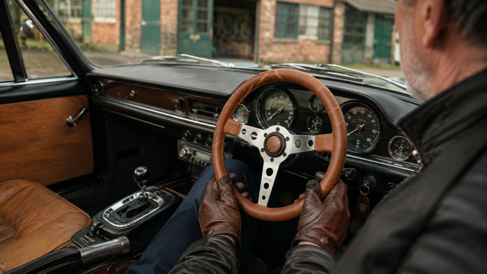 MOMO Prototipo Heritage Tobacco steering wheel fitted in a right-hand-drive classic sports car