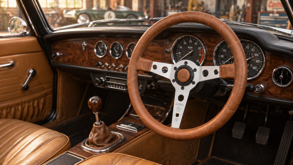 MOMO Prototipo Heritage Tobacco steering wheel installed in a right-hand-drive classic car interior