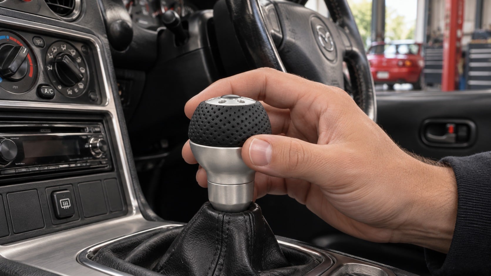 MOMO Race Air Leather aluminium gear knob fitted to a modified manual Mazda MX-5