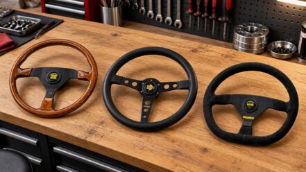 MOMO Montecarlo Heritage Wood, Prototipo 350 and Model 88 shallow-dish steering wheels on a workshop bench