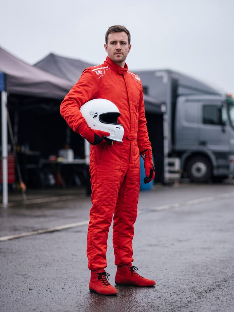 The OMP Sport race suit in Red, worn with the Sport race boots and gloves in a circuit paddock