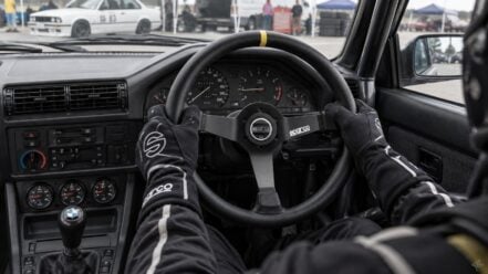 Sparco 345 semi dish steering wheel fitted to a modified right-hand-drive BMW E30