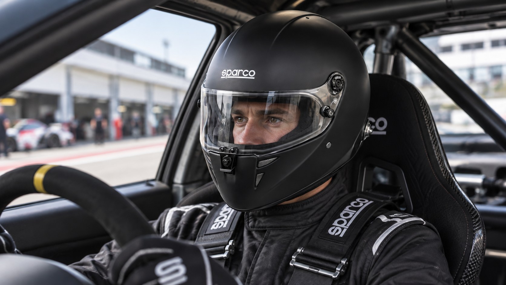 Motorsport driver clearly visible through the visor of a black Sparco Stealth RF full-face helmet