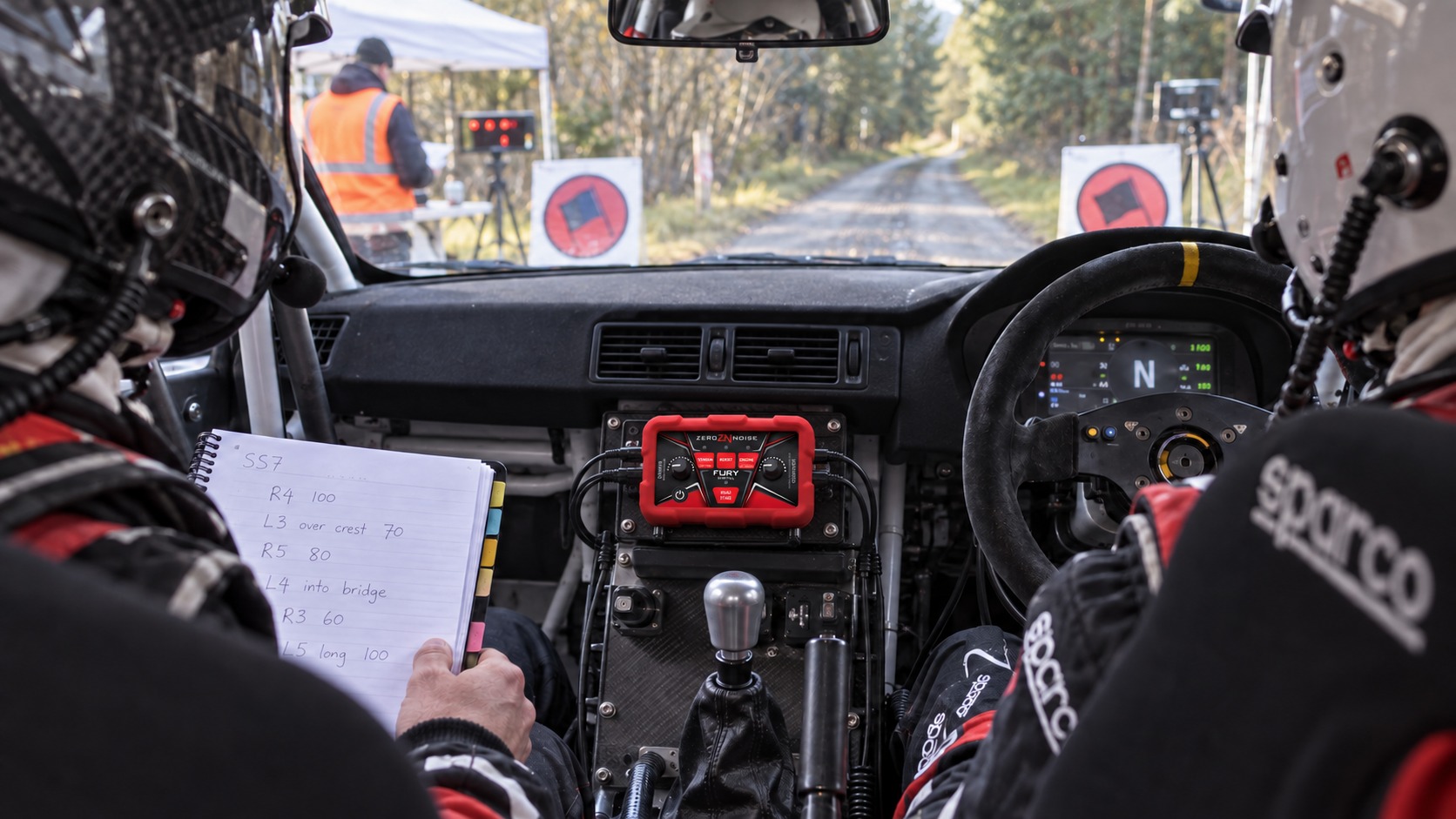 Compact 125mm wide ZeroNoise Fury Digital intercom mounted between a helmeted rally driver and co-driver