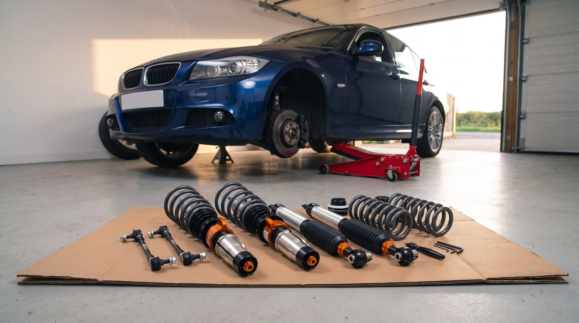 An AST 5100 kit laid out on cardboard in a home garage with a BMW 3 Series on axle stands behind