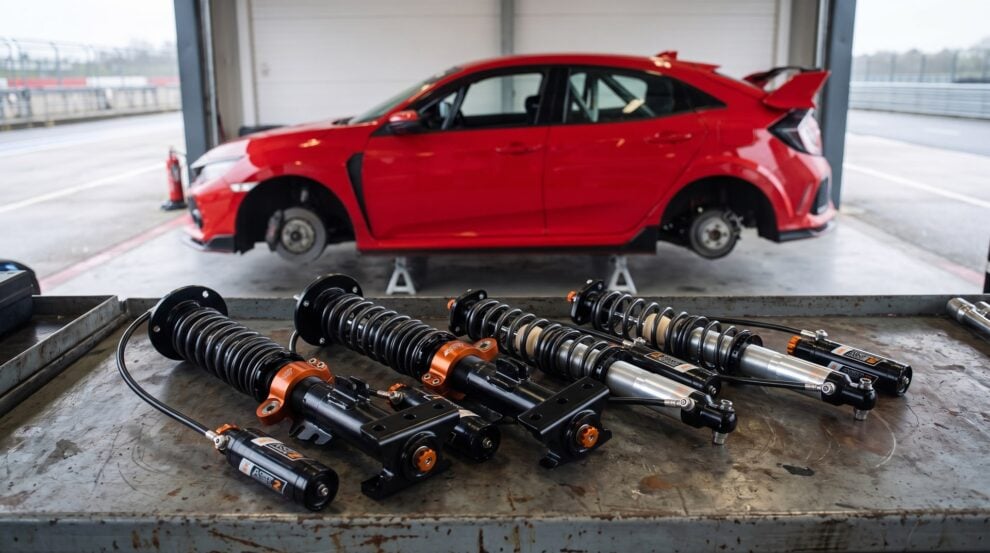 An AST 5200 2-way kit on a pit garage bench with a Honda Civic Type R race car on stands behind