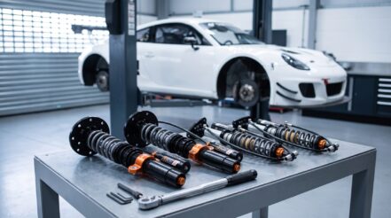 An AST 5300 3-way coilover kit laid out on a workshop bench with a track car on a lift behind