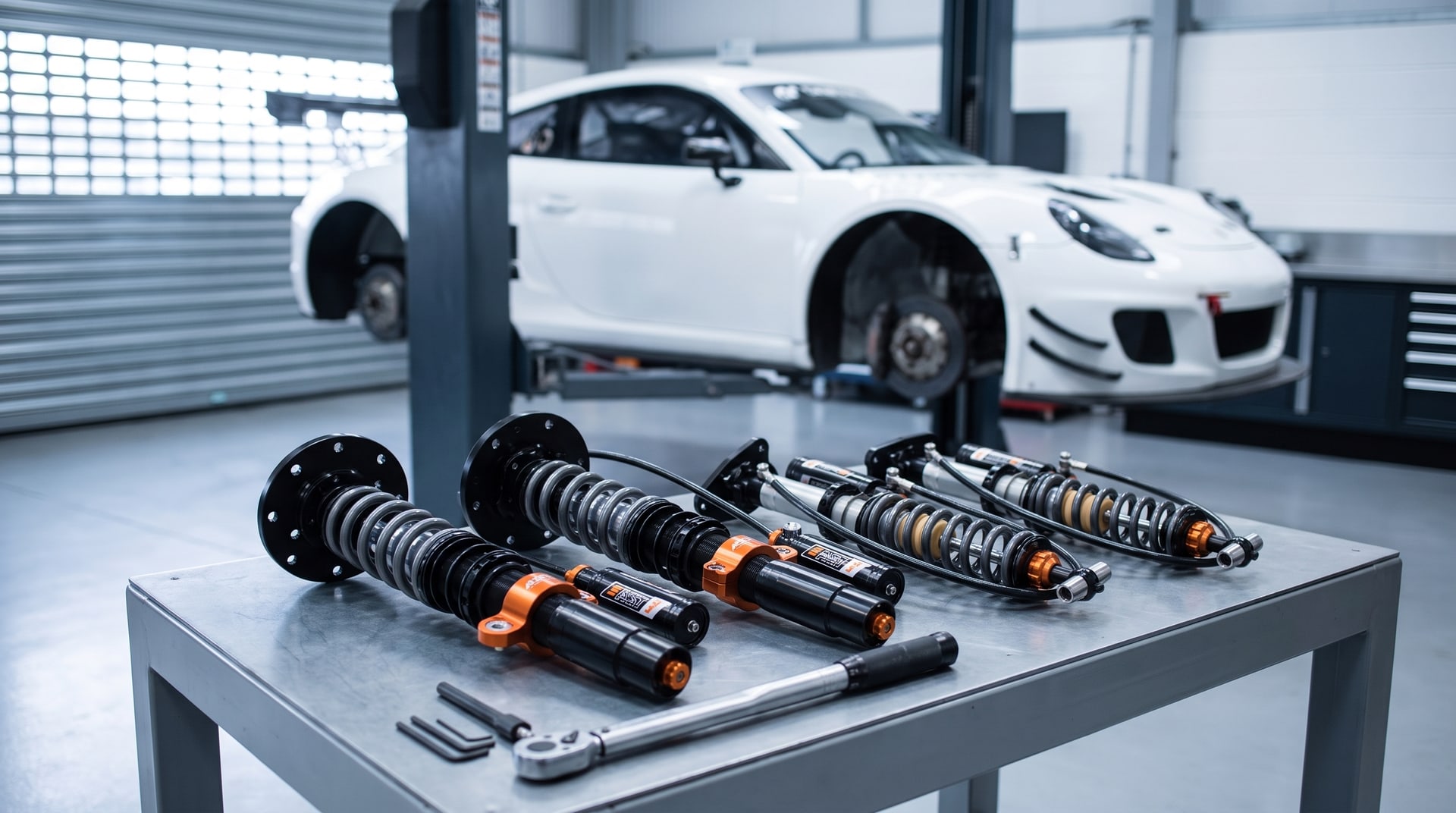 An AST 5300 3-way coilover kit laid out on a workshop bench with a track car on a lift behind