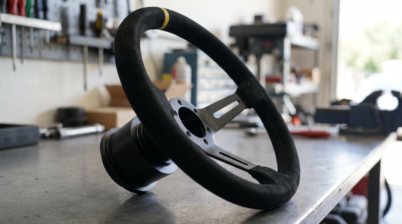 Deep dish racing steering wheel bolted to a plain black boss kit on a workshop bench, seen from the side so the gap between the rim and the hub is visible