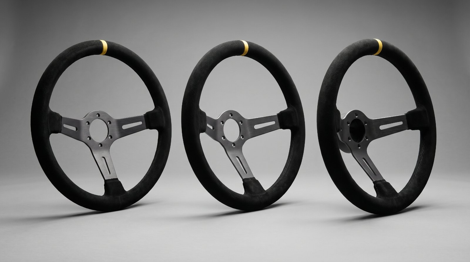 Three deep dish racing steering wheels side by side, each with its suede rim standing well forward of the mounting hub and the spokes swept back into the dish