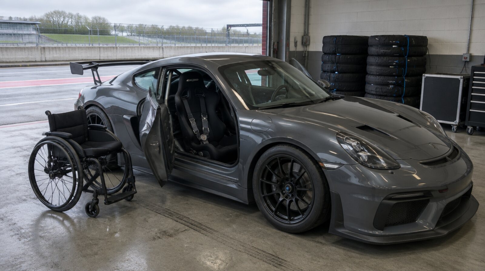 A grey GT4 race car with the driver door open in a pit garage, a wheelchair parked beside it and tyres stacked behind